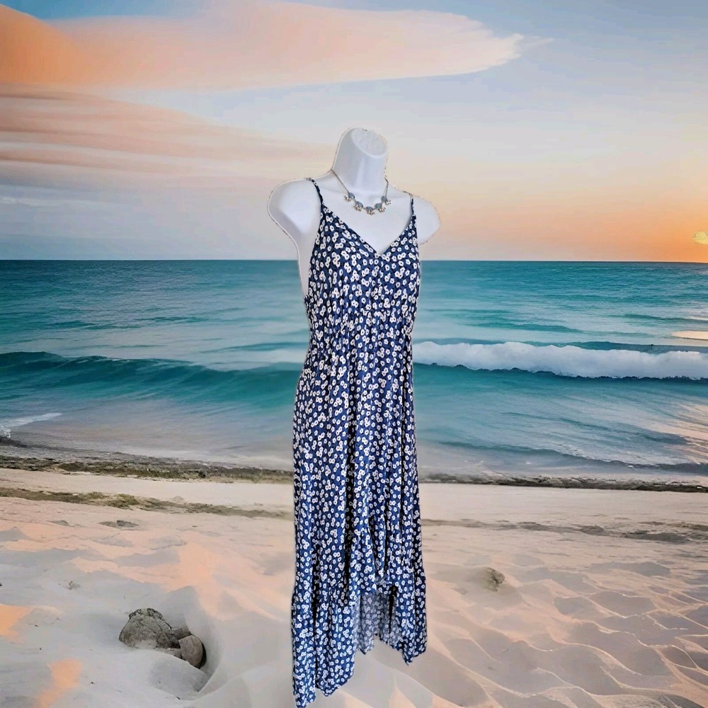 Pacific Vibes Maxi Dress‎ L Blue Floral Sundress Adjustable Straps Hi Low Ruffle